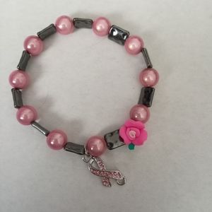 hand crafted BREAST CANCER awareness pink ribbon rose beaded crystal bracelet